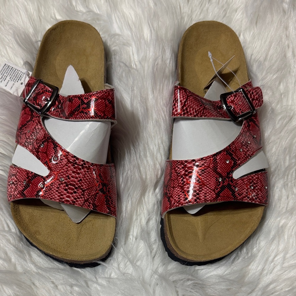 Women’s Red Snake Print Double-Strap Sandals